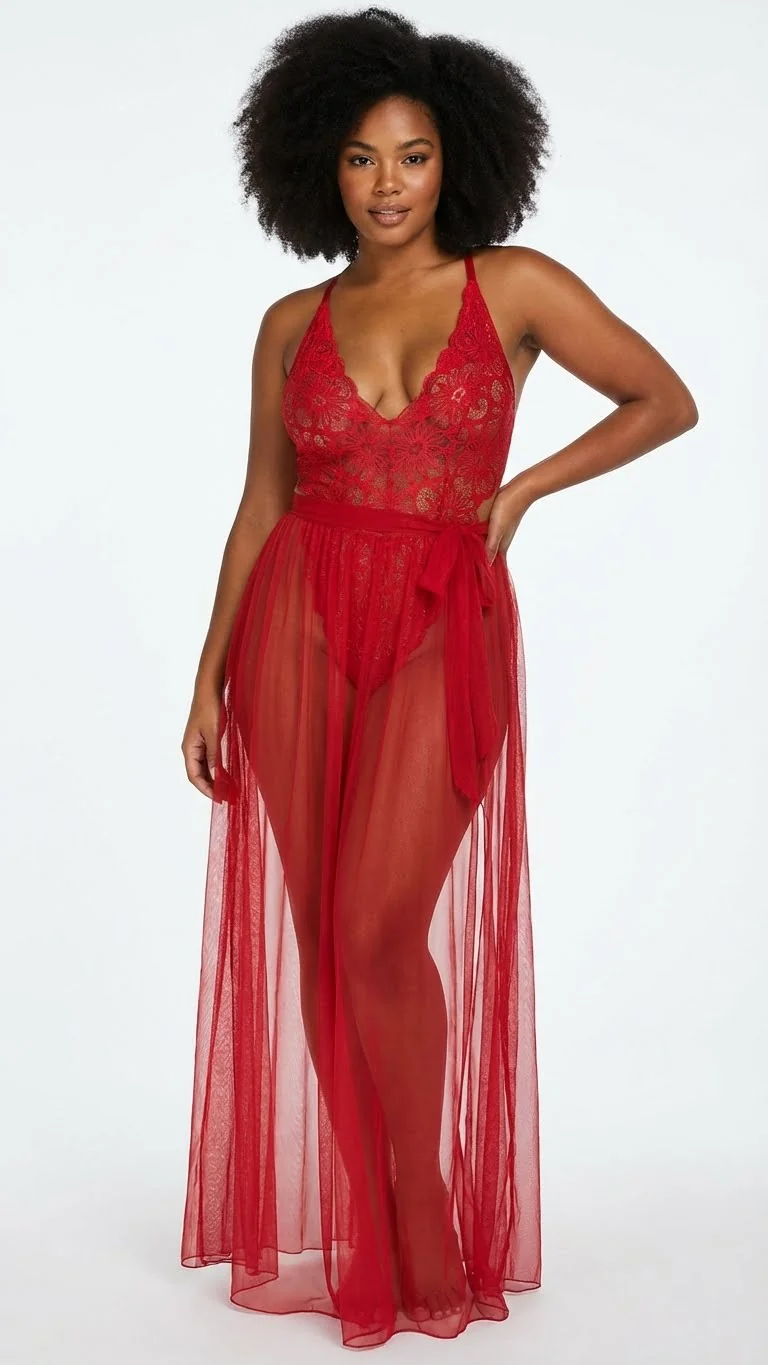 LunaIntim Kadın Babydoll Gecelik Takımı Mayokini Ve Tül Etekli Şarap Kırmızısı - Arka Görünüm